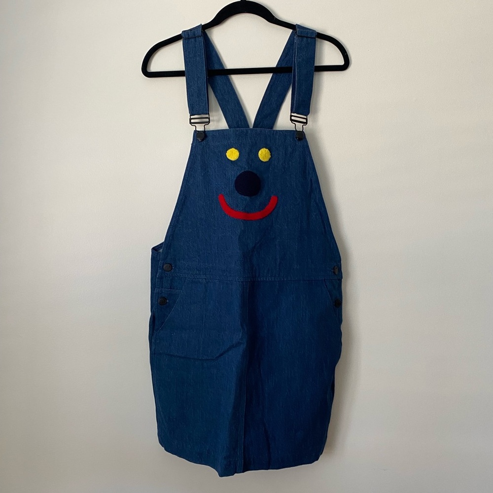 Lazy Oaf Pinafore Dungaree Denim Dress With Face Print Size Large